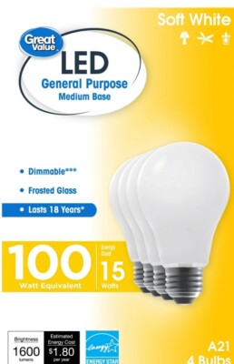 Great Value LED 100 Watt A21 Soft White Light Bulbs Dimmable - 4 Pack