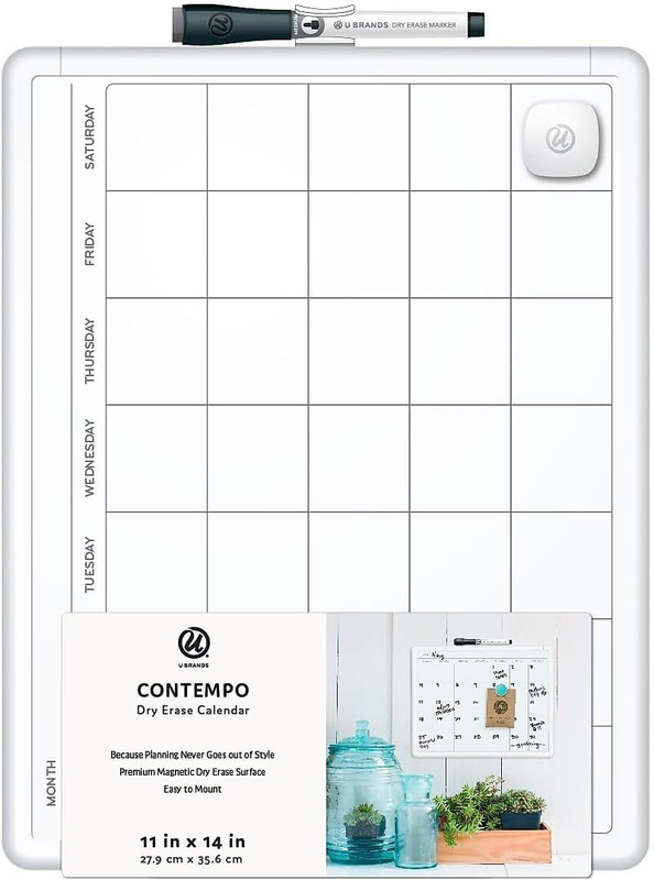 Magnetic Dry Erase Calendar Board, 14"X11", Modern White Frame, Includes Marker