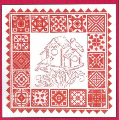 REDWORK QUILT--Birds & Birdhouse--Flowers--Border--Counted Cross Stitch Pattern