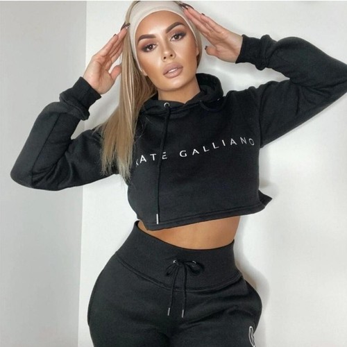 KATE GALLIANO Crop Hoodie Size M Black Loungewear Underboob