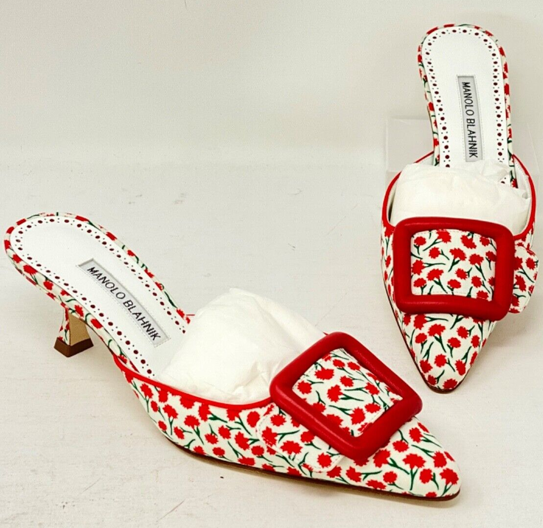 Pre-owned Manolo Blahnik Maysalebi Buckle Red Floral 50mm Pointy Toe Mule, Us 6, 36 Eu