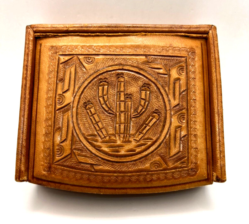 Hand Tooled Leather Jewelry Trinket Box ~ Mayan Calendar Mexico Vintage