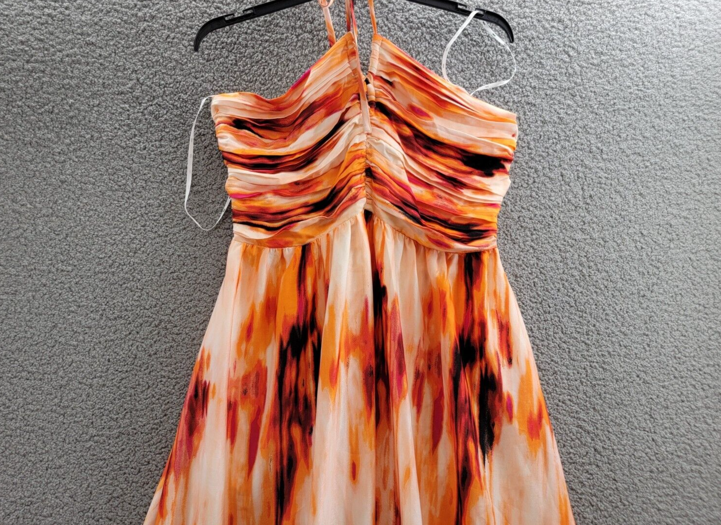 DKNY Printed Satin Strappy Halter Maxi Dress Women's XL Orange Blossom Back Tie - Picture 3 of 15