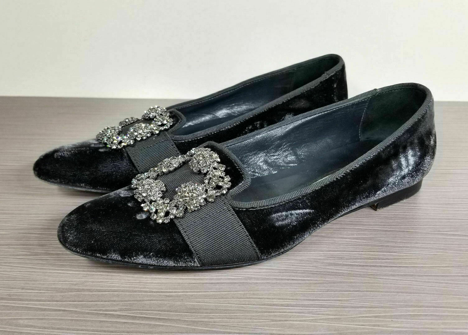 Manolo Blahnik Velvet Marria Flats, Black, Womens Size 7.5 US / 37.5