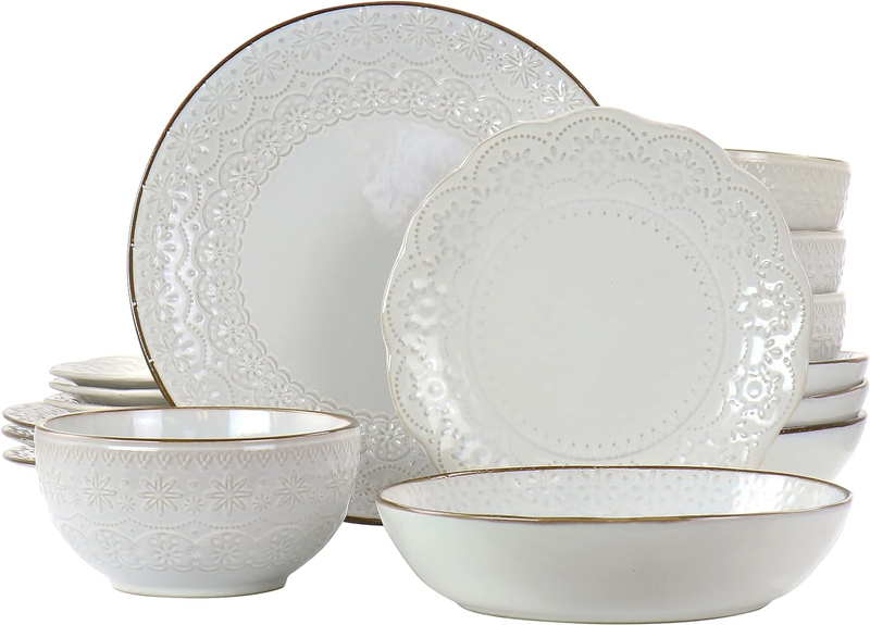 El-Countess Double Bowl Stoneware Dinnerware Set, 16 Piece, Ivory