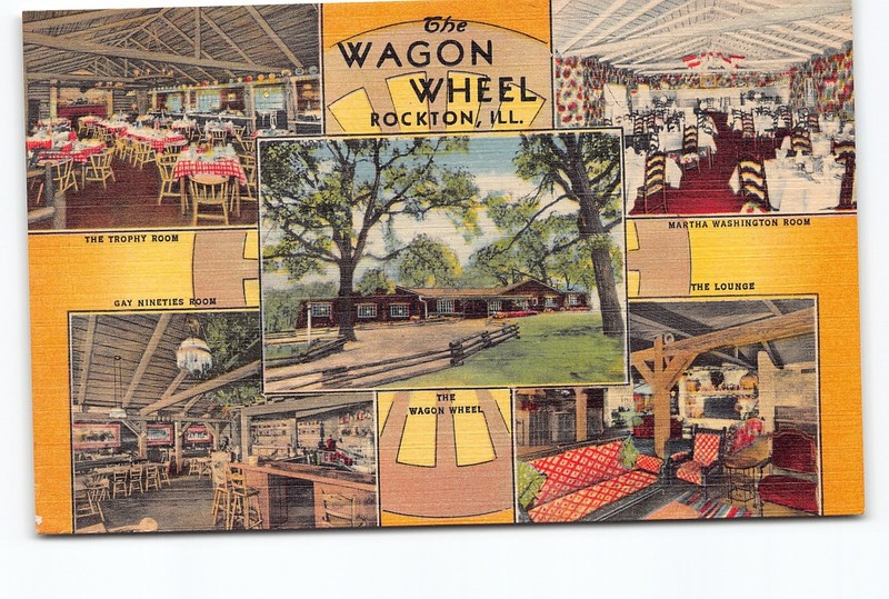 Wagon Wheel Trophy Room Gay Nineties Room Rockton IL Linen Postcard Vtg Unposted