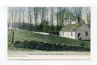 Wilmington VT postcard, Village View Maple Sugar House, people, note long pipe