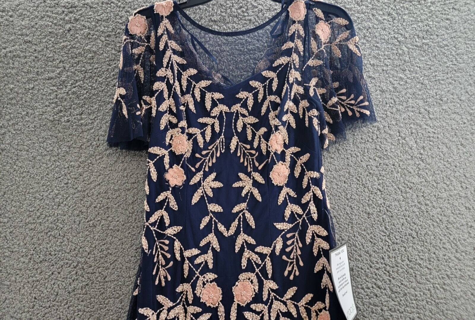 Adrianna Papell Beaded Flutter Sleeve Dress Women's 2 Navy Round Neck Back Zip - Picture 3 of 13