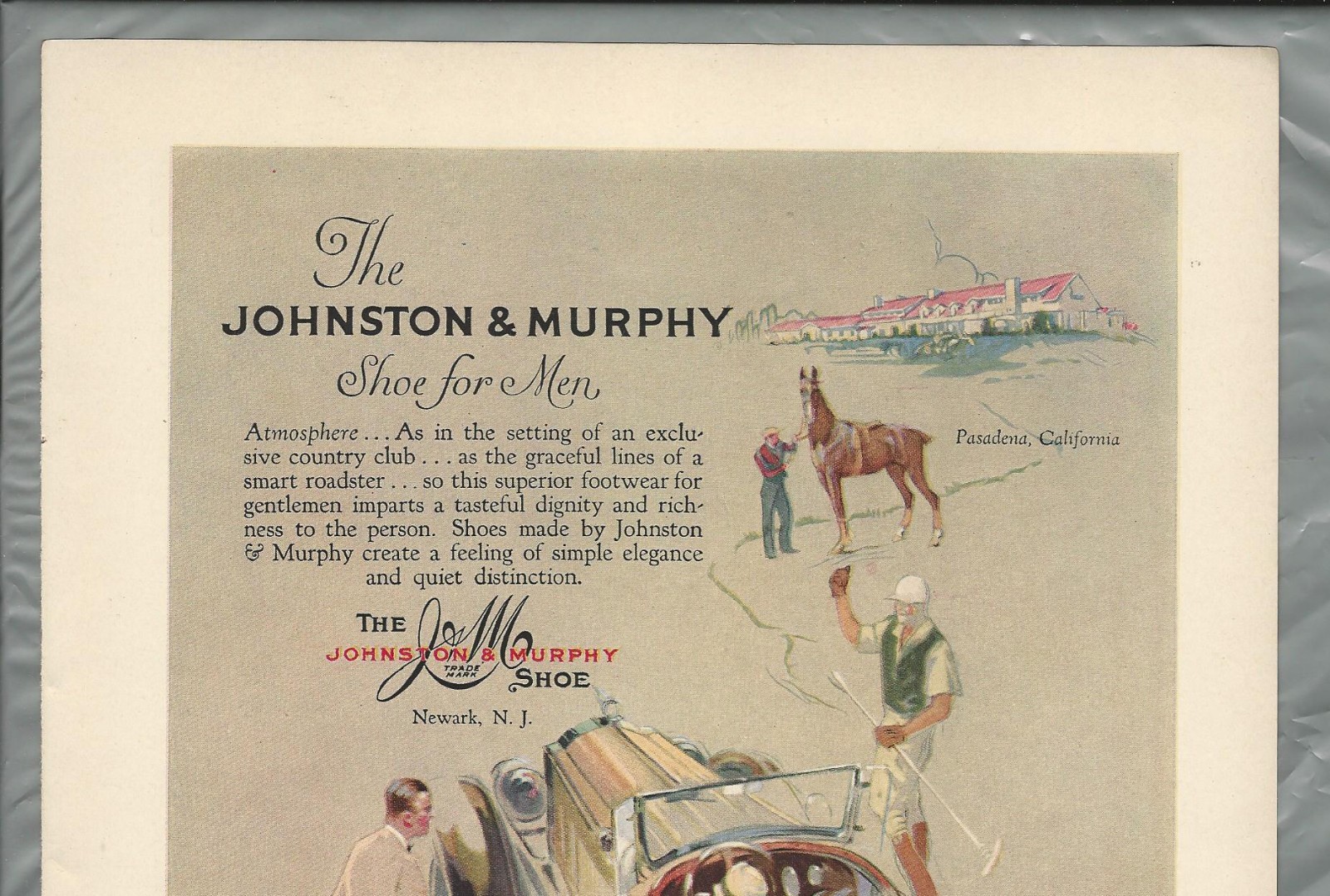 1929 JOHNSTON & MURPHY SHOES advertisement, color art men’s shoes polo Pasadena
