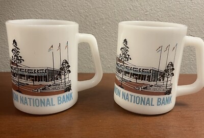Vintage Set Of 2 Federal MILK GLASS Coffee Mugs UNION NATIONAL BANK Made in USA
