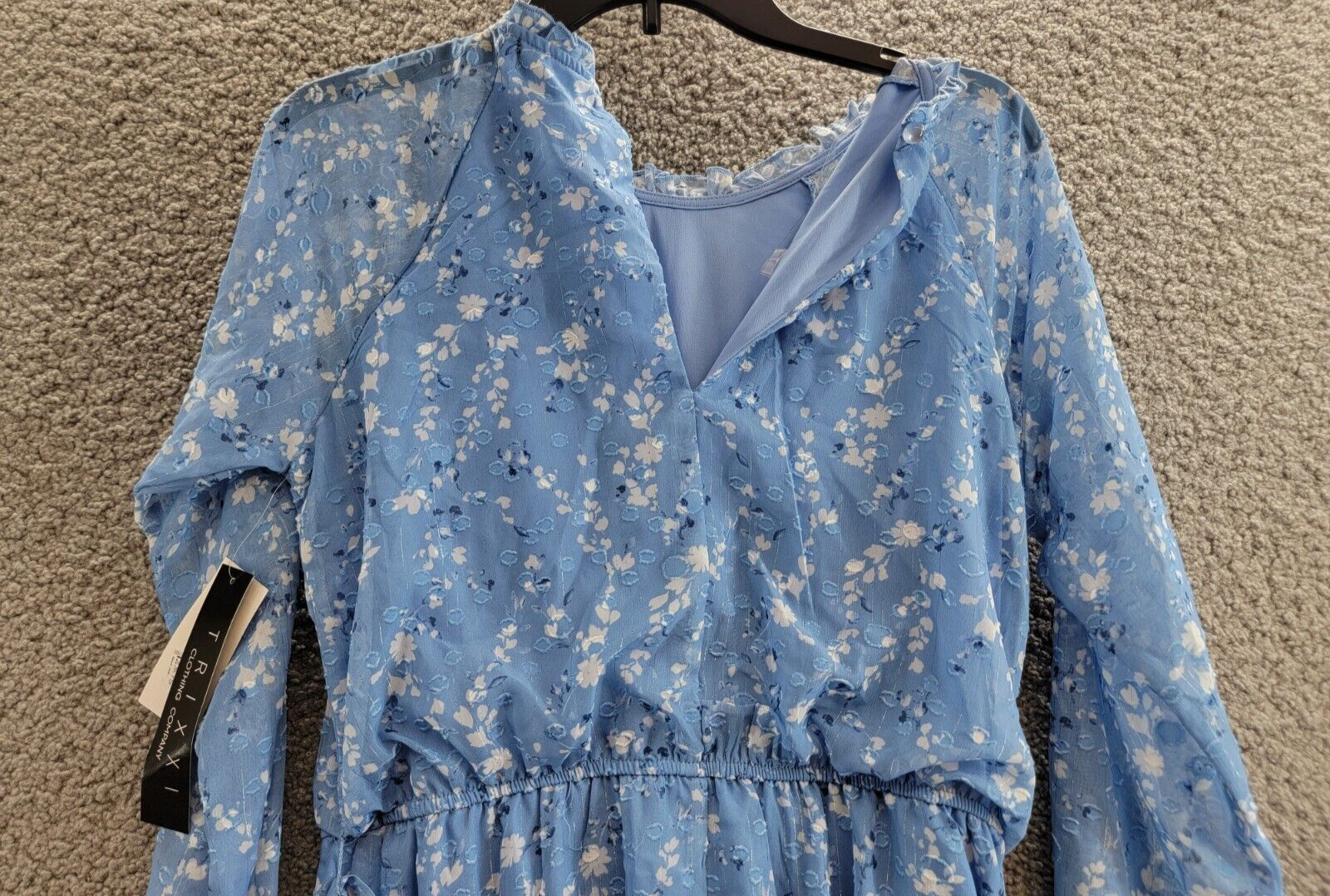 Trixxi Long-Sleeve Tied-Waist Dress Juniors' M Blue/Ivory Tie Waist Back Button - Picture 11 of 17
