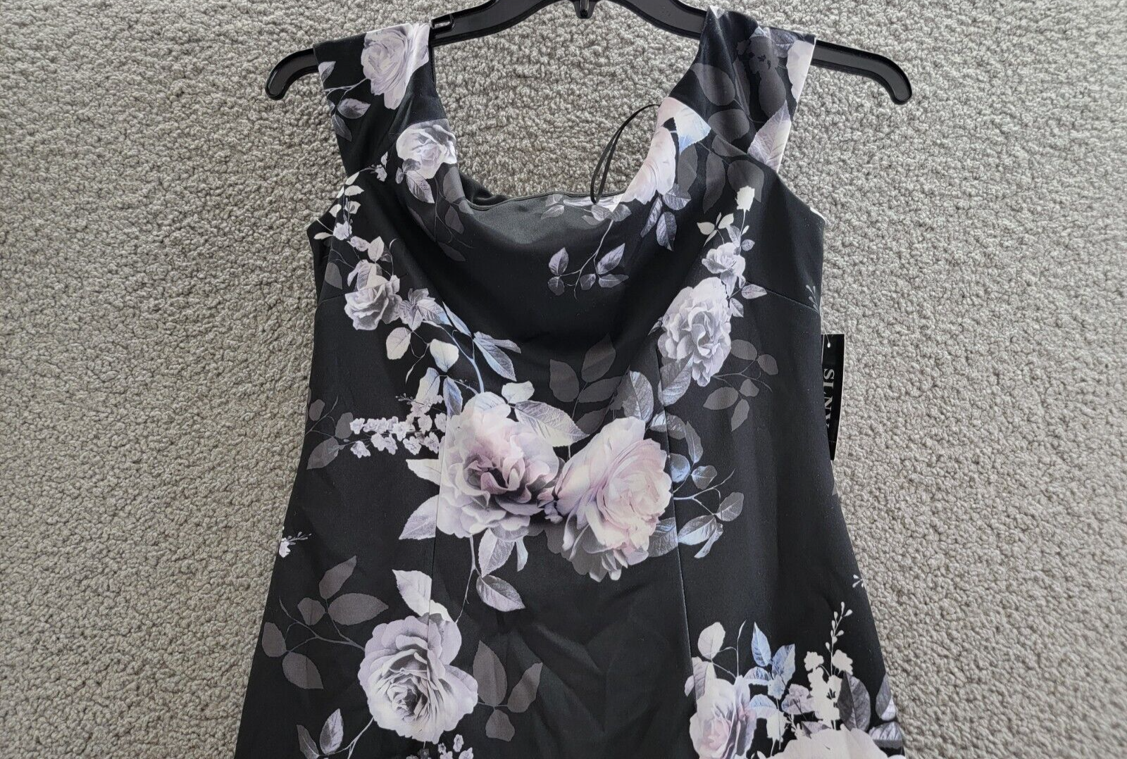 SLNY Off-The-Shoulder Floral Print Sheath Dress Women's 6 Black Multi Back Zip - Picture 3 of 16