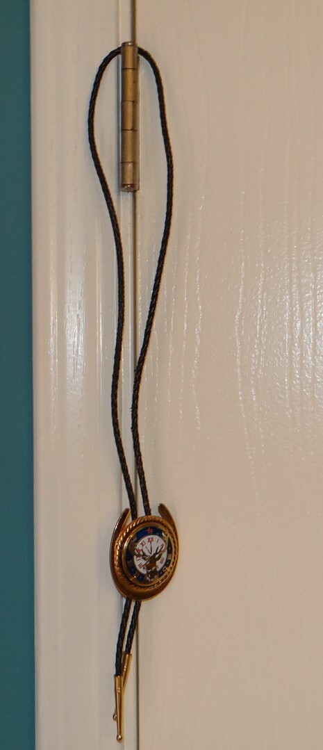 Vintage Gold Tone Enamel BPOE Elks Lodge Horseshoe Clock Bolo Tie