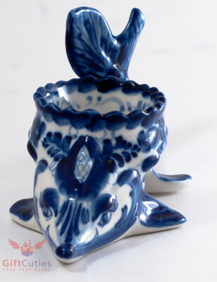 Gzhel Porcelain Caviar server bowl holder fish "Sturgeon" Acipenser Hand painted