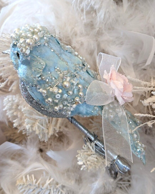 Shabby Chic Victorian Blue Pink Velvet Beaded Bird Rose Christmas Ornament