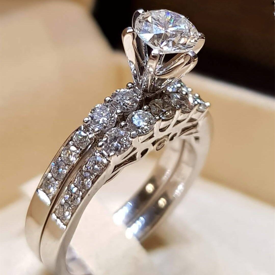 Elegant Women Silver Jewelry Wedding Set Rings White Sapphire Ring