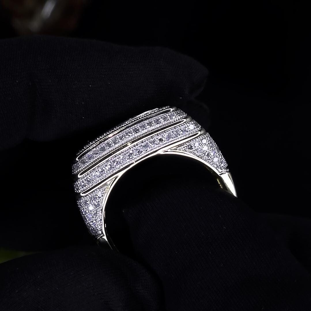 Pre-owned Sterling Iced Out Prong Setting Square Ring | Micro Pave Iced Cz Silver + Gold Plated