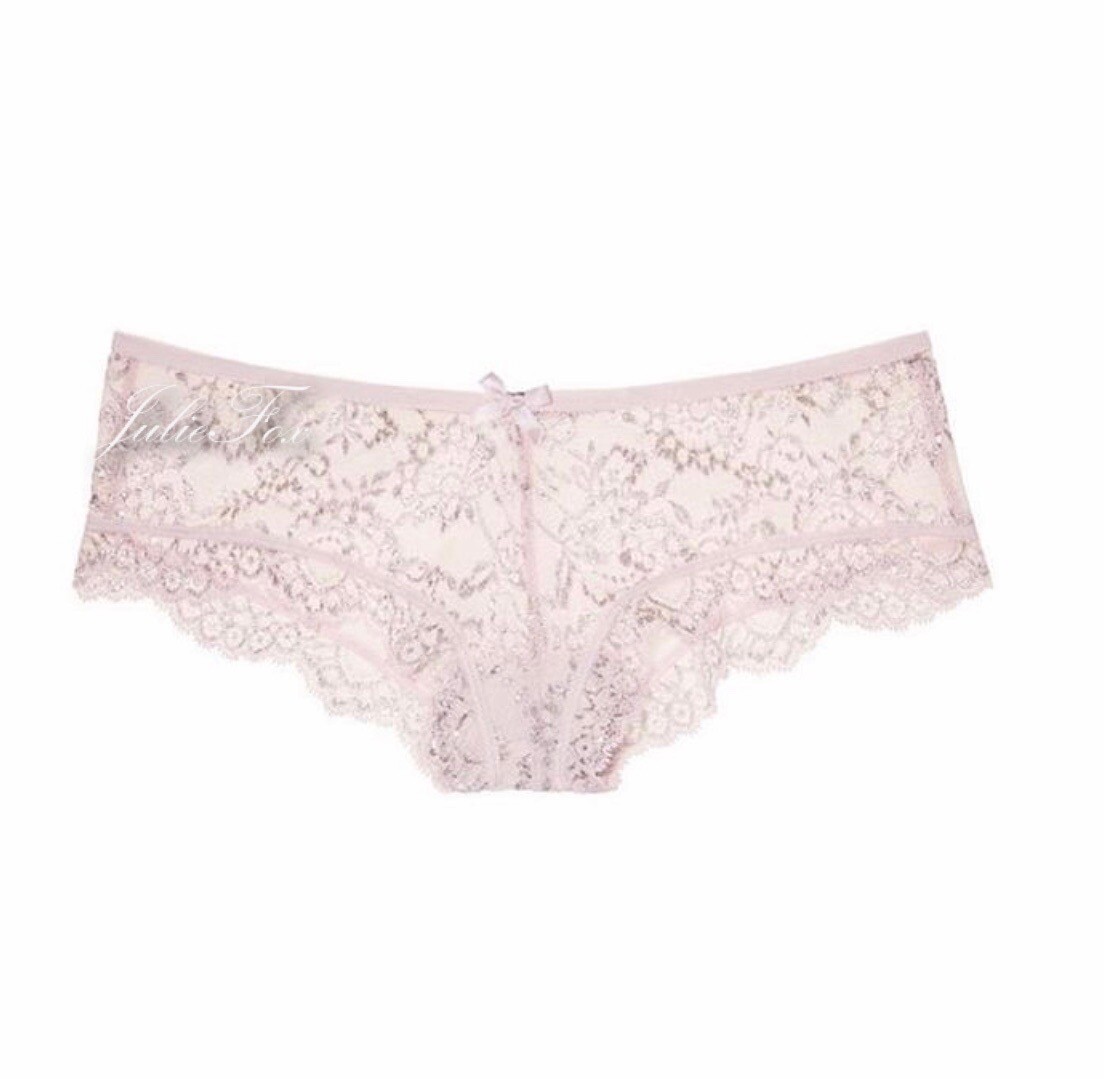 Victorias Secret VERY SEXY Eyelash Lace Cheek Panty Sheer Pink Foil Shine Small