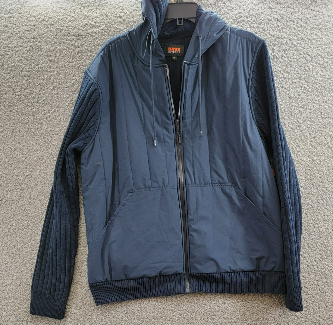 BASS OUTDOOR Mixed Media Zip-Front Hooded Sweater Jacket Men's XL Navy Blaze L/S - Picture 2 of 17
