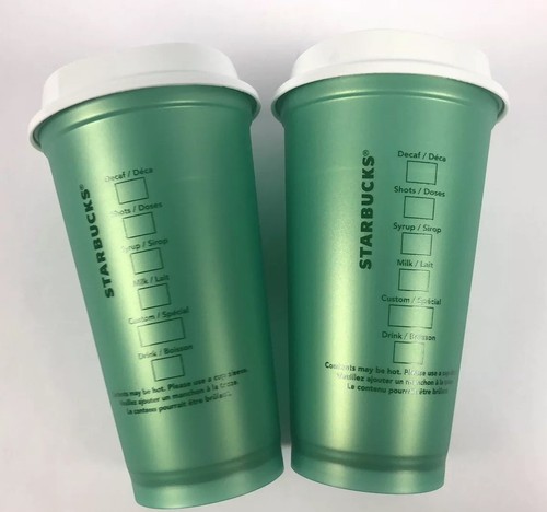 Starbucks Reusable Green Shimmer Cup Set Of Two 16 Oz 2018 Limited Edition NEW