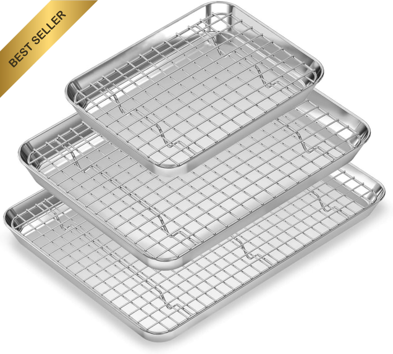Stainless Steel Baking Tray Set w/ Cooling Rack 3 Pans 3 Racks Non Toxic