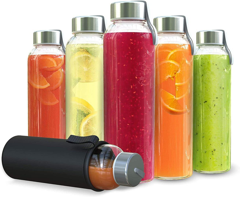 6 Pack Glass Water Bottles 18 Oz Bottle Set Beverage Juicer Stainless Steel Caps