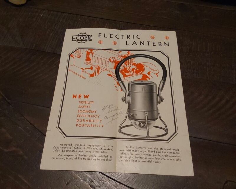 Ecolite Electric Lantern 1930s Advertising Brochure Fire Fighter Fireman