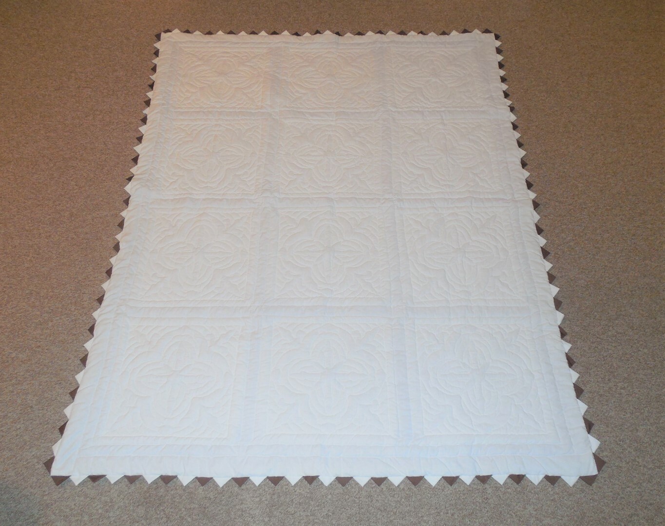 Brown & White Handmade Quilt w/ Detailed Hand Embroidery - Exceptional Nice!