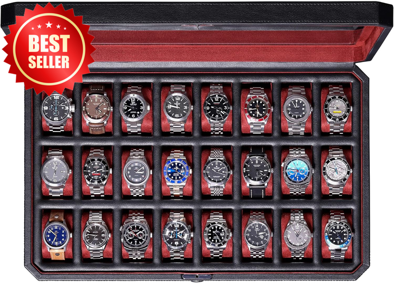 24 Slot Watch Case Lock Luxury Display Organizer Real Glass Top Black Red US