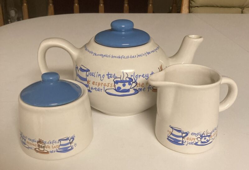 ETHOS Teapot, Creamer And Sugar  Comforting Blue Color On Cream Cute!