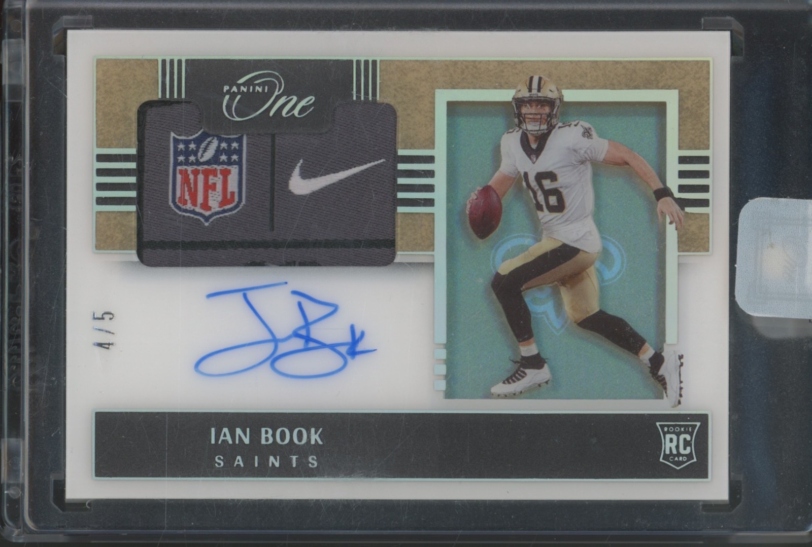 2021 Panini One #134 Ian Book 4/5 Auto NFL Shield Nike Logo Patch RC Rookie