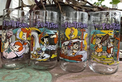 Hardees Vintage Flintstones Cup Glasses Set Of 4 NEW MINT FOUR