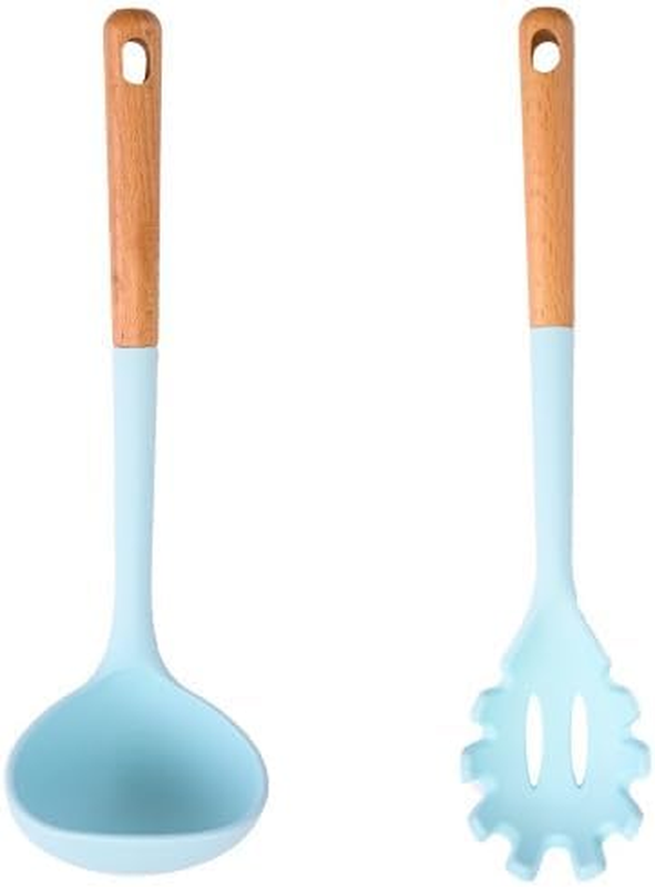 Silicone Soup Ladle and Spaghetti Spoon Set with Wooden Handle, Non Stick Heat R