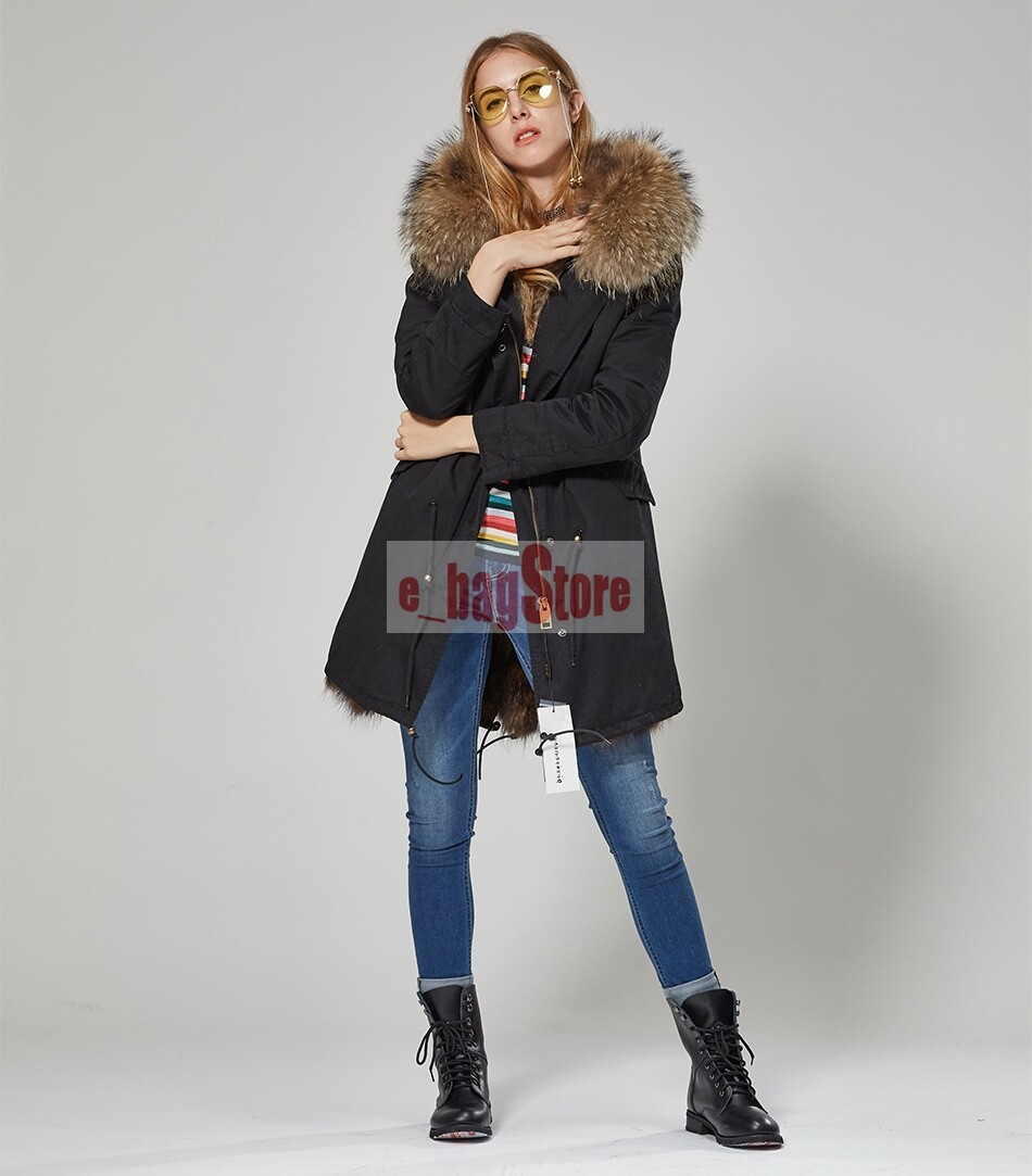 Damen Winter WaschbärPelz Jacke Echtes Waschbär Pelz Kragen Kapuze