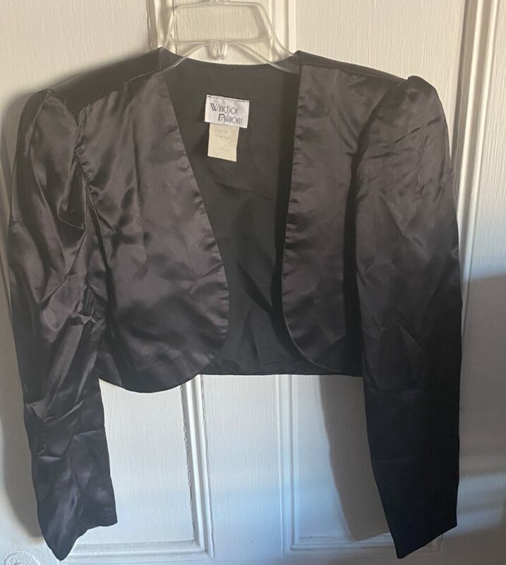 Vintage Satin Jacket Black Short Windsor Fashions Large USA Shoulder Pads