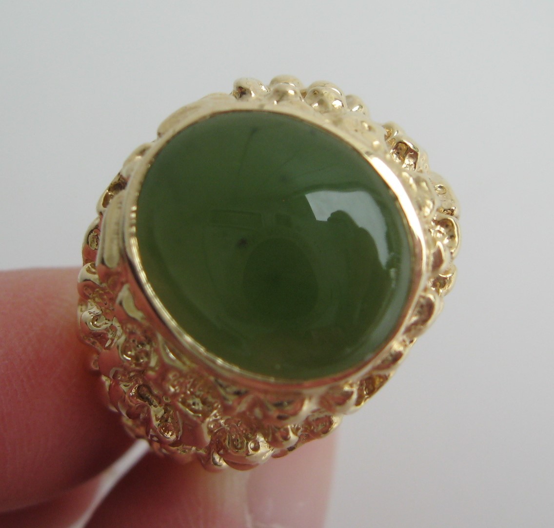 Nephrite Green Jade Signet Ring Mens 14k Yellow Gold Nugget Like Band Signed TRC