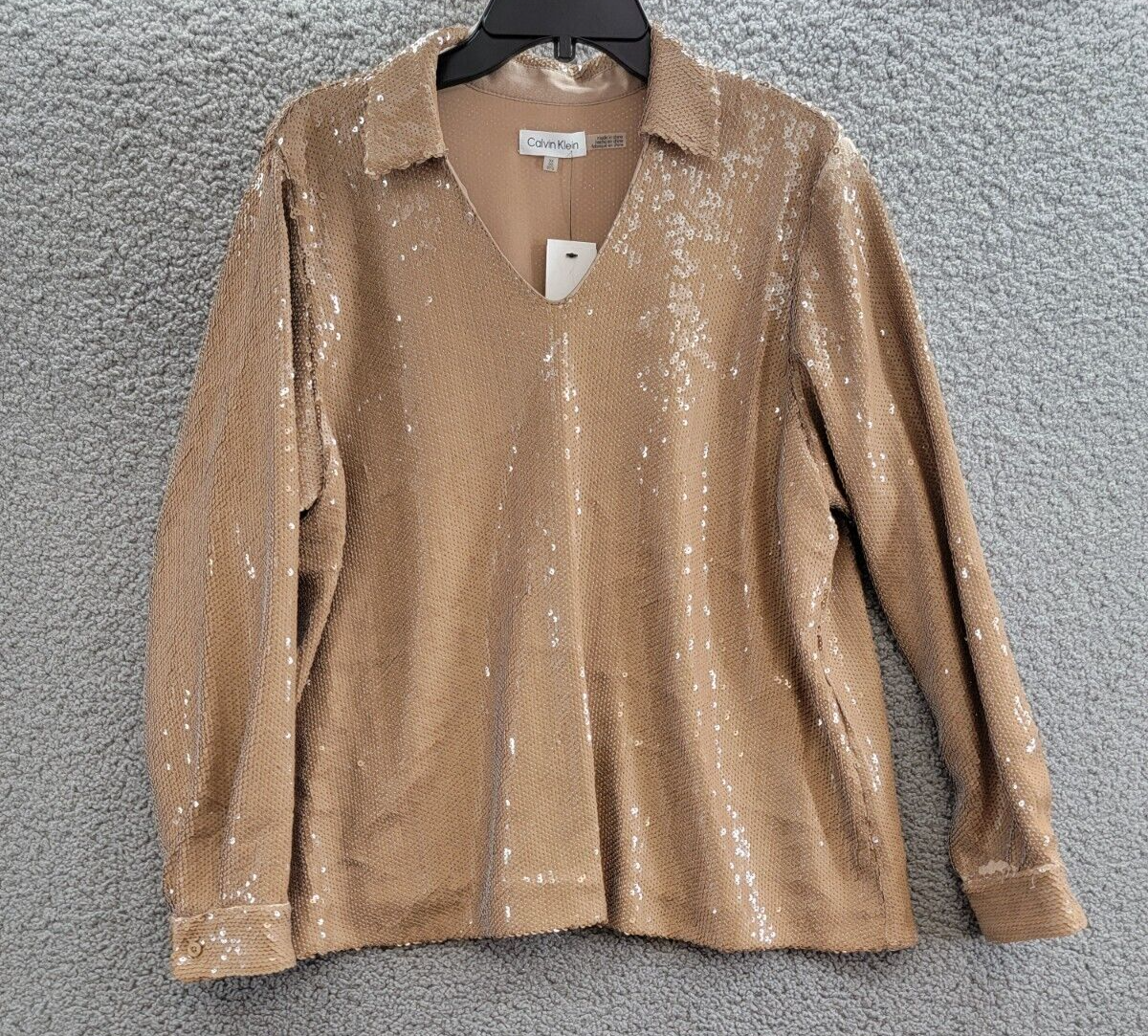 Calvin Klein Plus Size Sequined Split-Collar Top Women's 0X Luggage Long Sleeve - Picture 2 of 20
