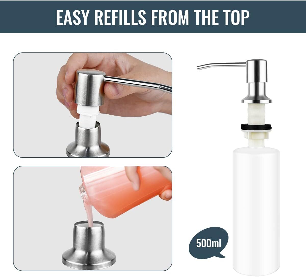 350ML Kitchen Sink Soap Dispenser Polish Stainless Steel Hand Liquid Pump Bottle