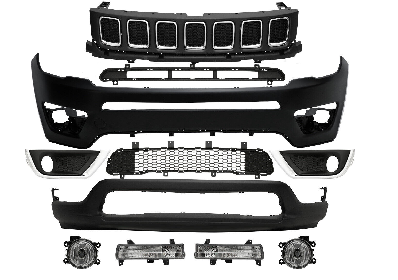 Front Bumper Set For Jeep Compass 2017 2018 2019 2020 2021 Upper Lower Grill Fog