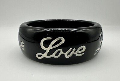 Vintage Love Bangle Bracelet Black with White Engraved Letters 1 1/8'' Wide