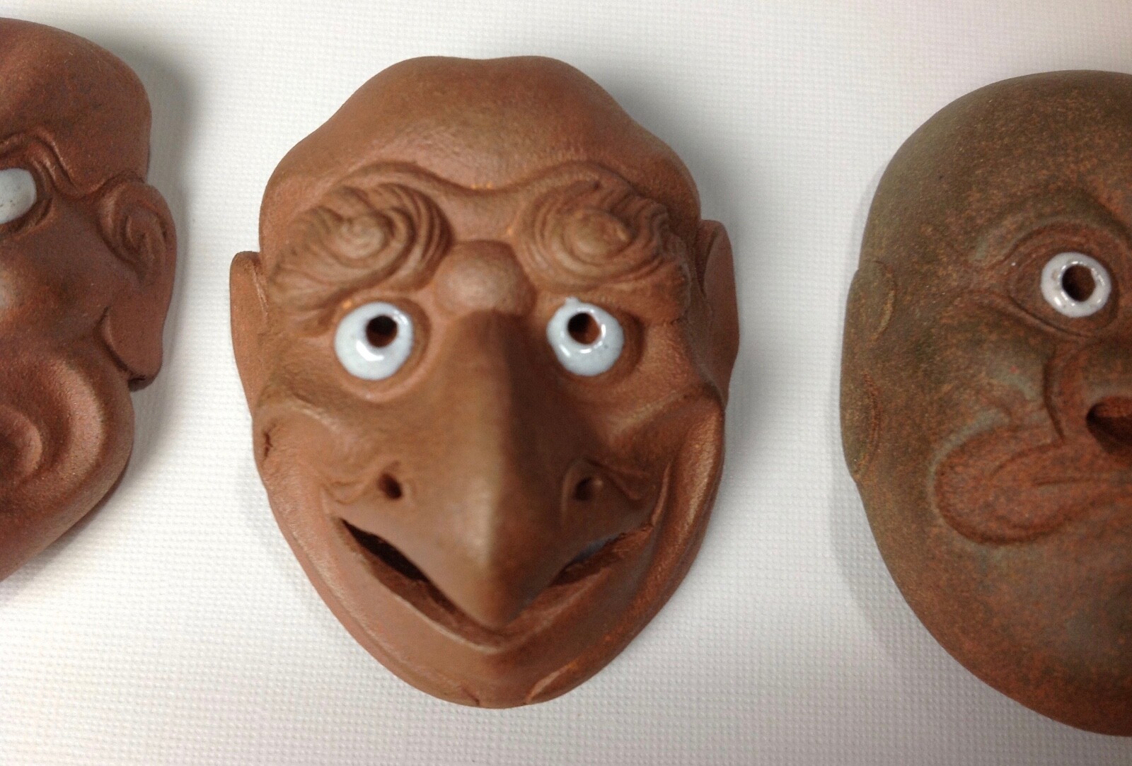 4 Signed Vintage Japanese Miniature Ceramic Pottery Clay Noh Mask Netsuke Enamel