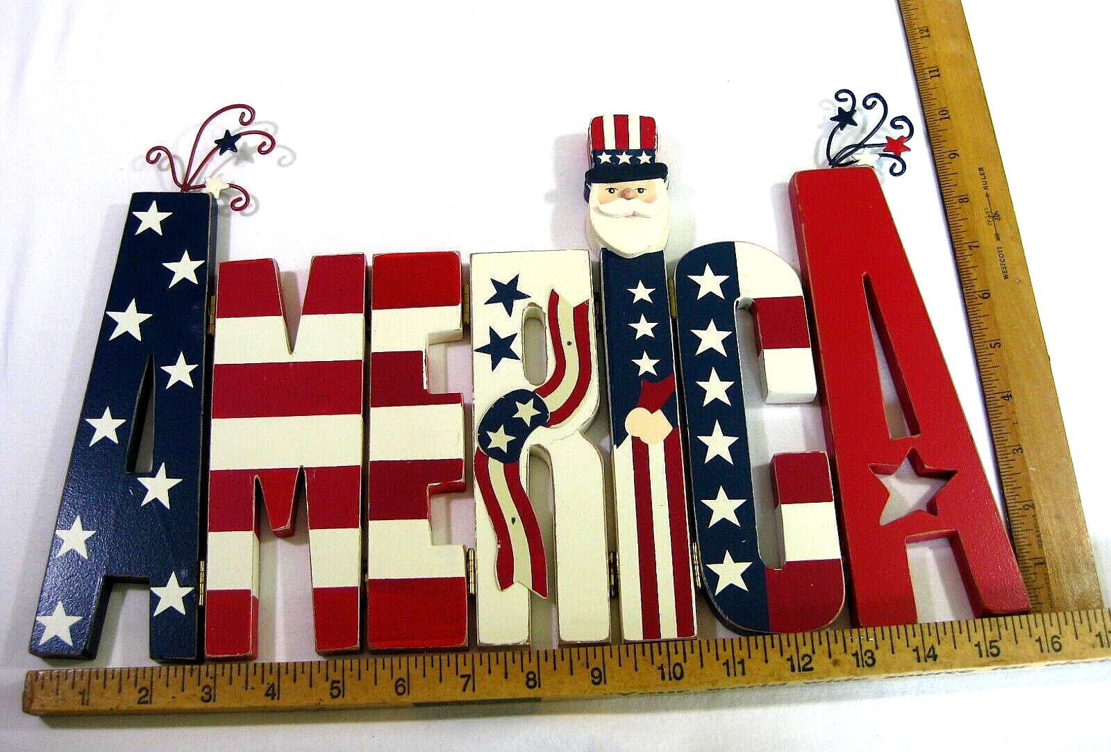 Patriotic Wooden Hinged AMERICA Word Art Sign Plaque Home Decor Uncle Sam