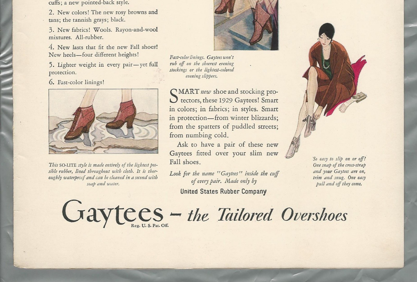1928 GAYTEES overshoes advertisement, Color art, women’s overshoes with heels