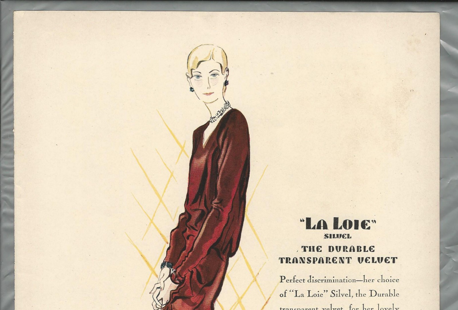 1929 SHELTON LOOMS advertisement, Color art, women’s dress material velvet