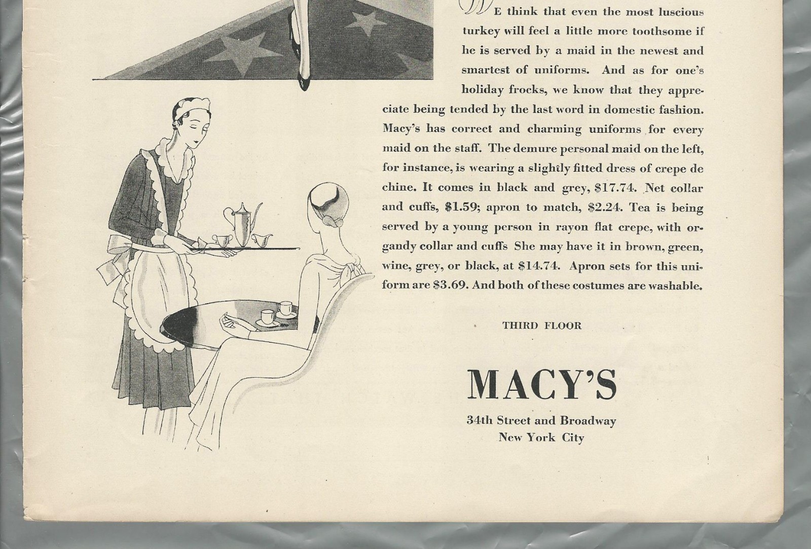 1929 MACY’S advertisement, Holiday fashions for your MAID, uniforms
