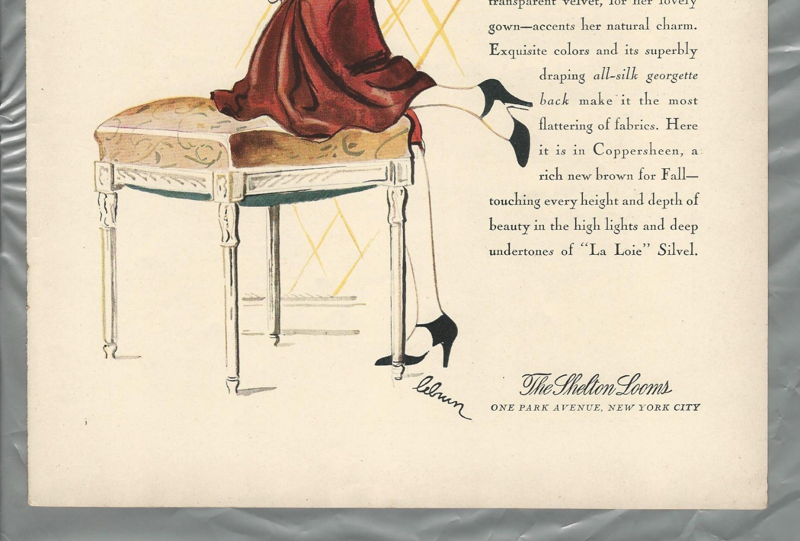 1929 SHELTON LOOMS advertisement, Color art, women’s dress material velvet