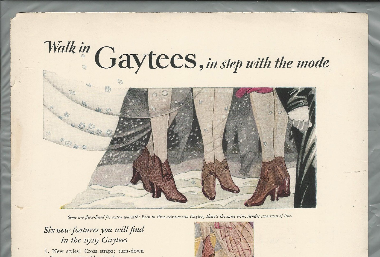 1928 GAYTEES overshoes advertisement, Color art, women’s overshoes with heels