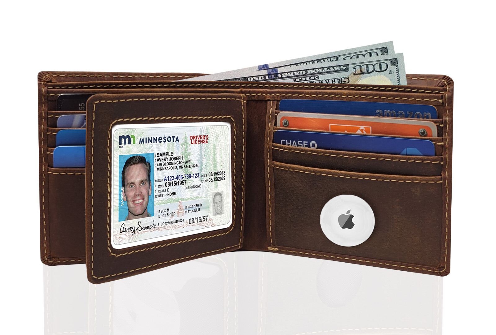 Airtag Wallet & 4-Pack Keychain Genuine Leather Credit Card Holder Air Tag Case