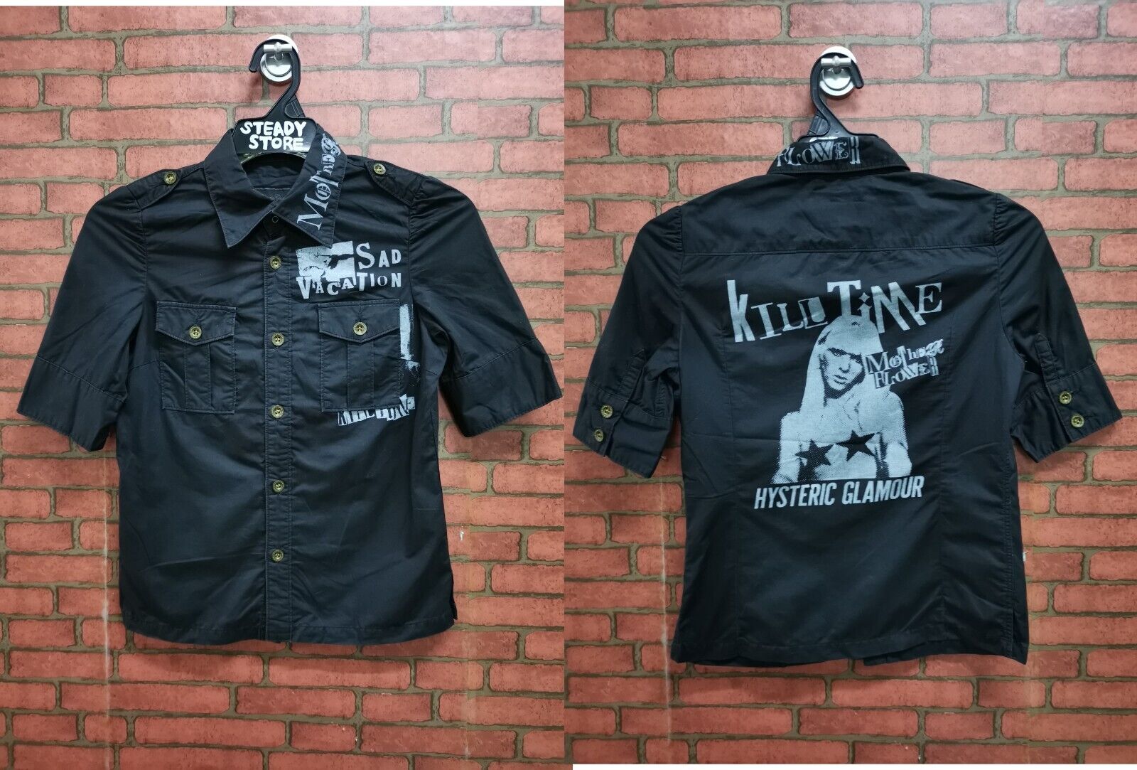 VINTAGE HYSTERIC GLAMOUR KILL TIME WOMEN BLACK BUTTON TOP T VINTAGE HYSTERIC GLAMOUR KILL TIME WOMEN BLACK BUTTON TOP T