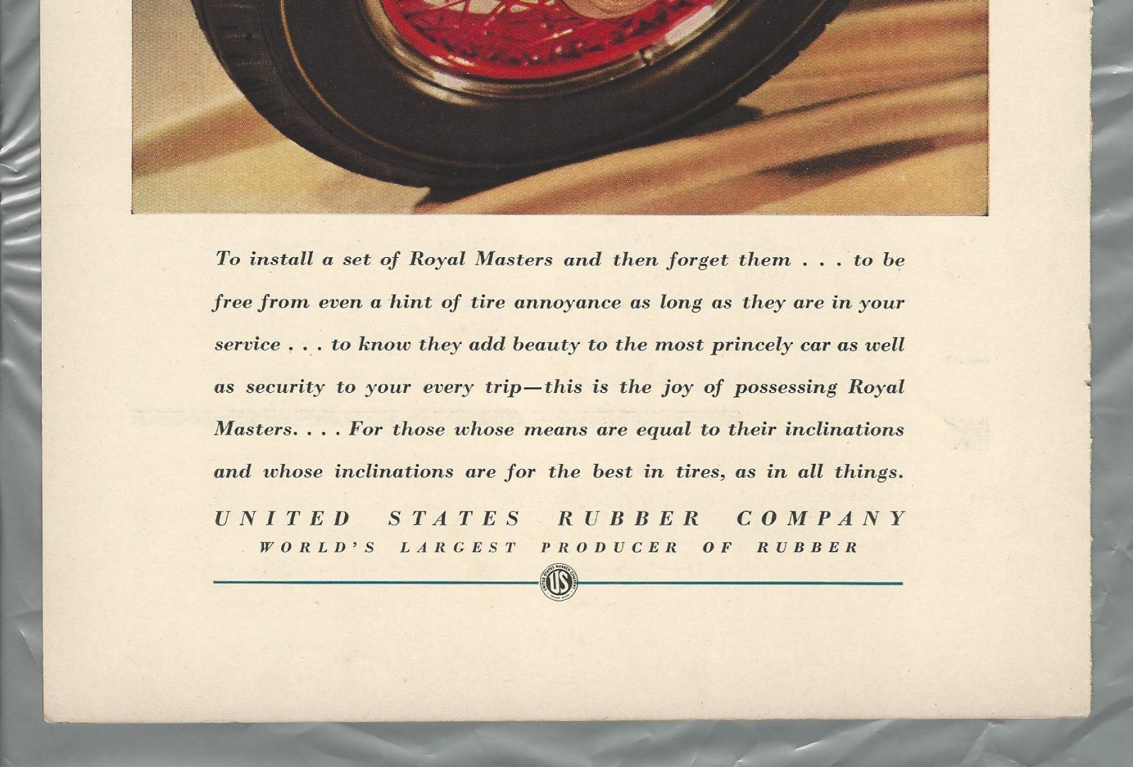 1930 ROYAL MASTER Tires advertisement, Color photo, US Rubber, red wire wheel